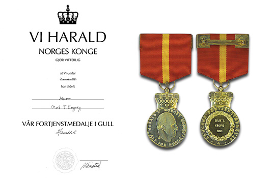 994 Royal Gold Medal of Merit from King Harald V of Norway