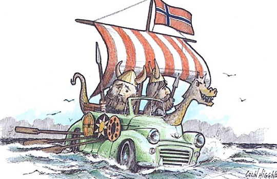 Drawing of vikings in a morris minor